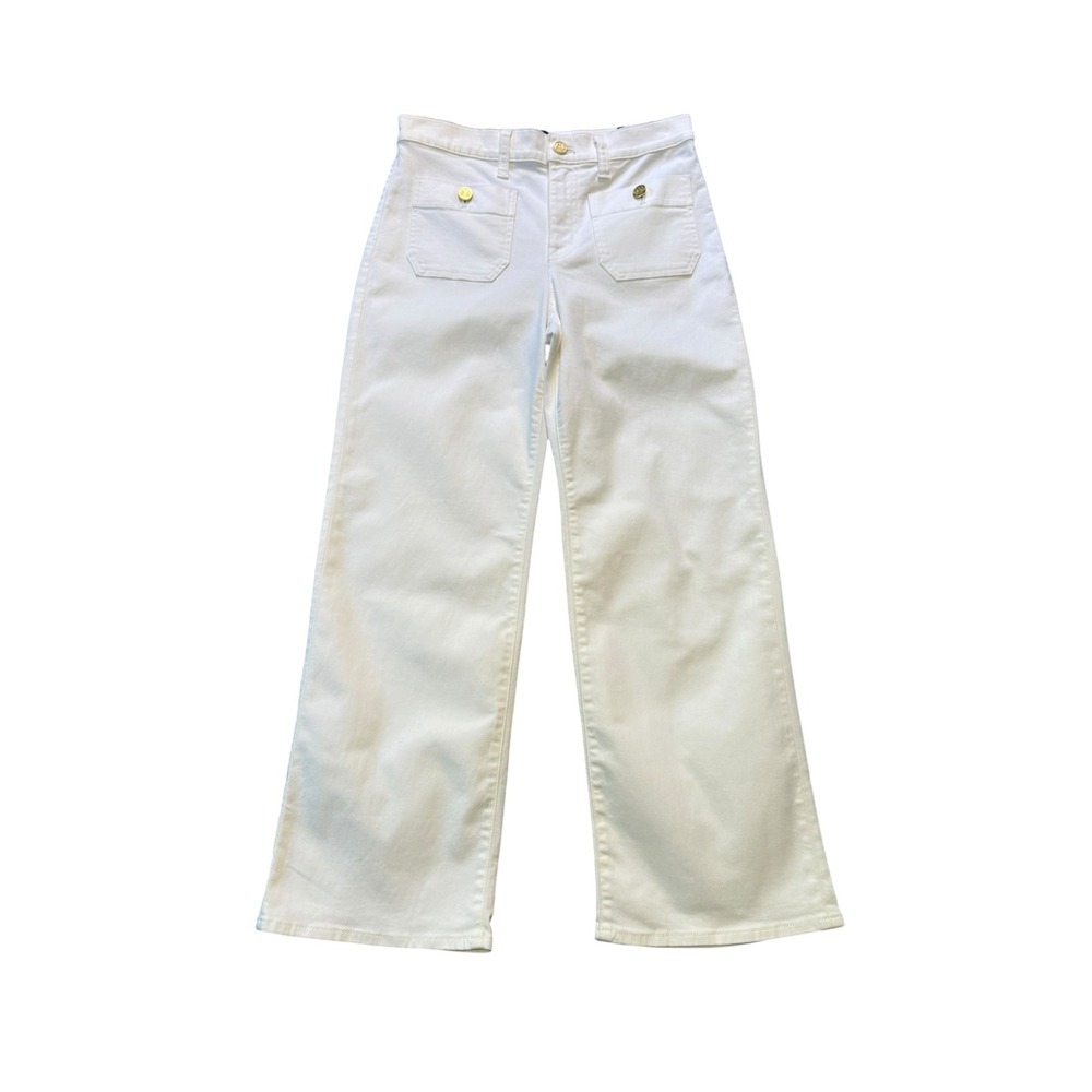 J. Crew White Slim Wide Leg Jeans Premium Edition Gold Button 4 Petite 27P CG419